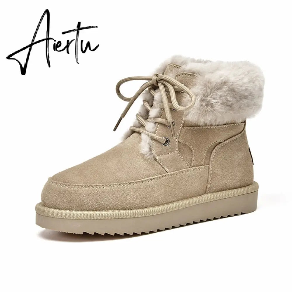 Aiertu Snow Boots Women Cow Suede Leather Lace Up Ankle Boots Warm Wool Ladies Winter Fur Shoes Handmade Aiertu