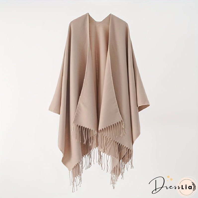 Solid Color Tassel Cardigan Poncho Simple Imitation Cashmere Open Front Large Shawl Women's Autumn Winter Outside Warm Coldproof Shawl Cape