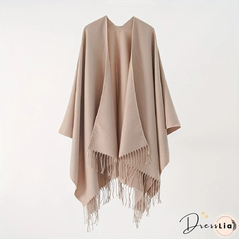 Solid Color Tassel Cardigan Poncho Simple Imitation Cashmere Open Front Large Shawl Women's Autumn Winter Outside Warm Coldproof Shawl Cape
