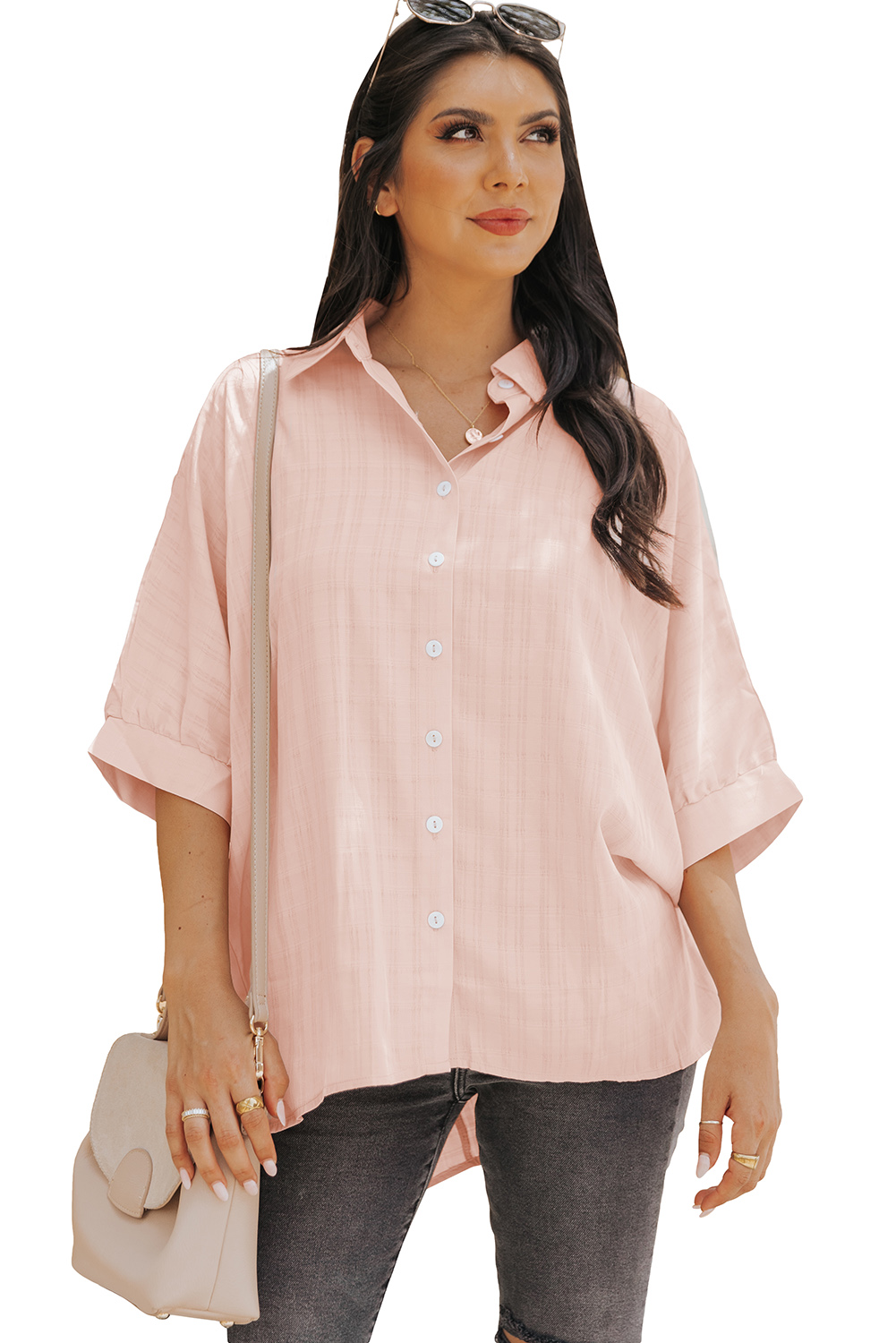 Pink Button Front Dolman Sleeves Shirt