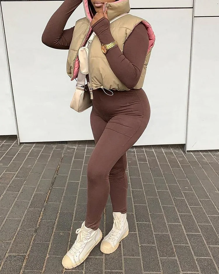 Contrast Collar Zipper Short Coat