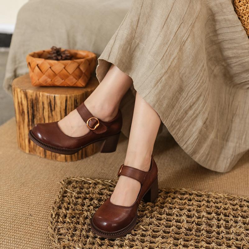 Handmade Leather Pumps Mary Jane Heels Sandals Womens Round Toe  Retro Buckle Sandals Black/Brown
