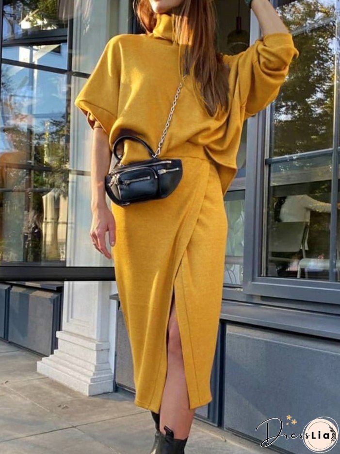 Women's Sets Turtleneck Doll Sleeve Top & Skirt Two Piece Set