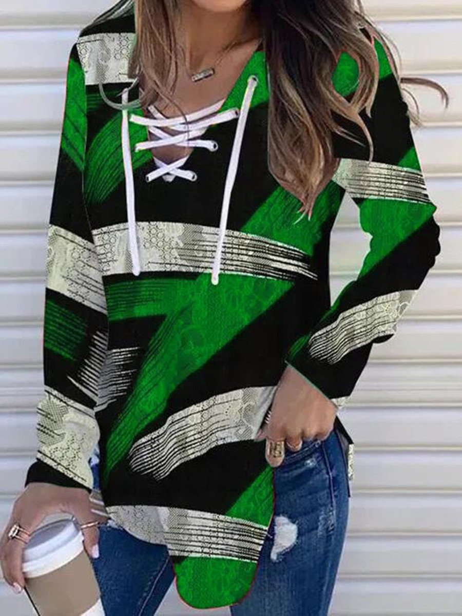 Women's Long Sleeve V-neck Striped Printed Lace-up Top