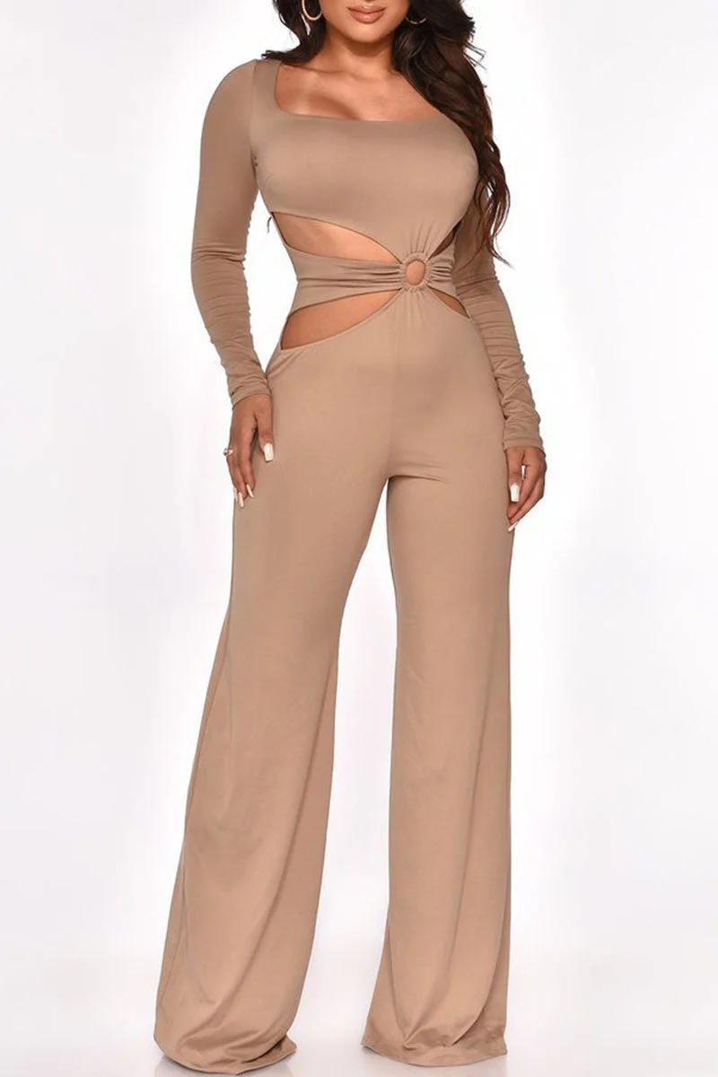 Fashion Sexy Solid Hollowed Out Square Collar Jumpsuits