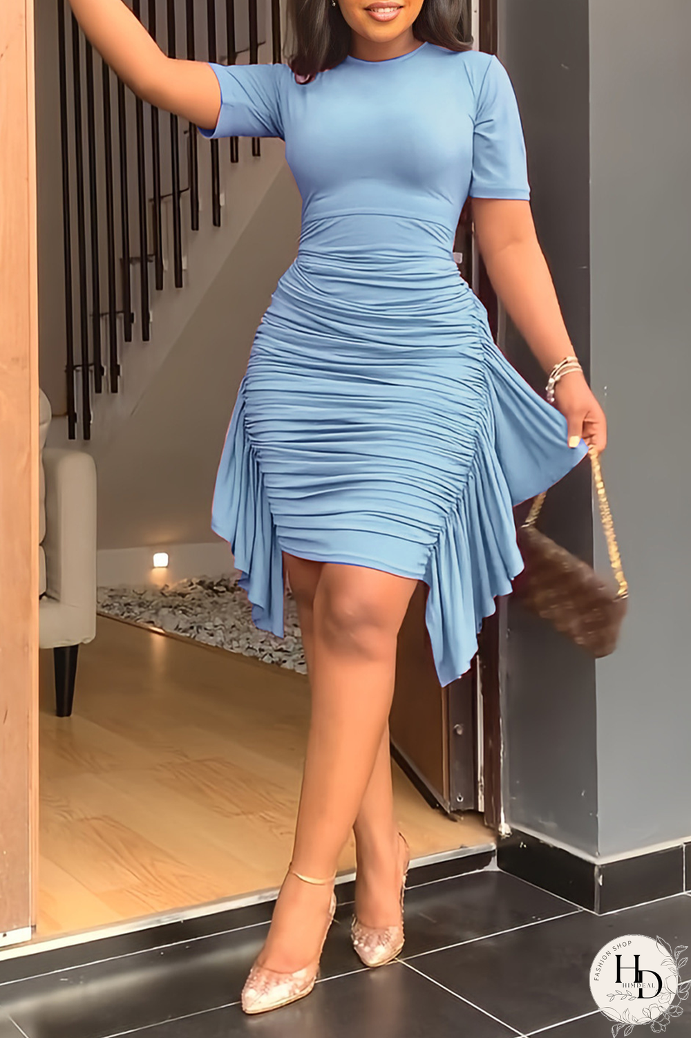 Sky Blue Fashion Solid Flounce Fold O Neck Pencil Skirt Dresses