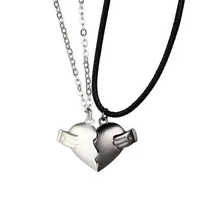 2Pcs Magnetic Couple Necklace Lovers Heart Pendant Distance Faceted Charm  Necklace Women- 380 ALPHA BLACK PENDANT