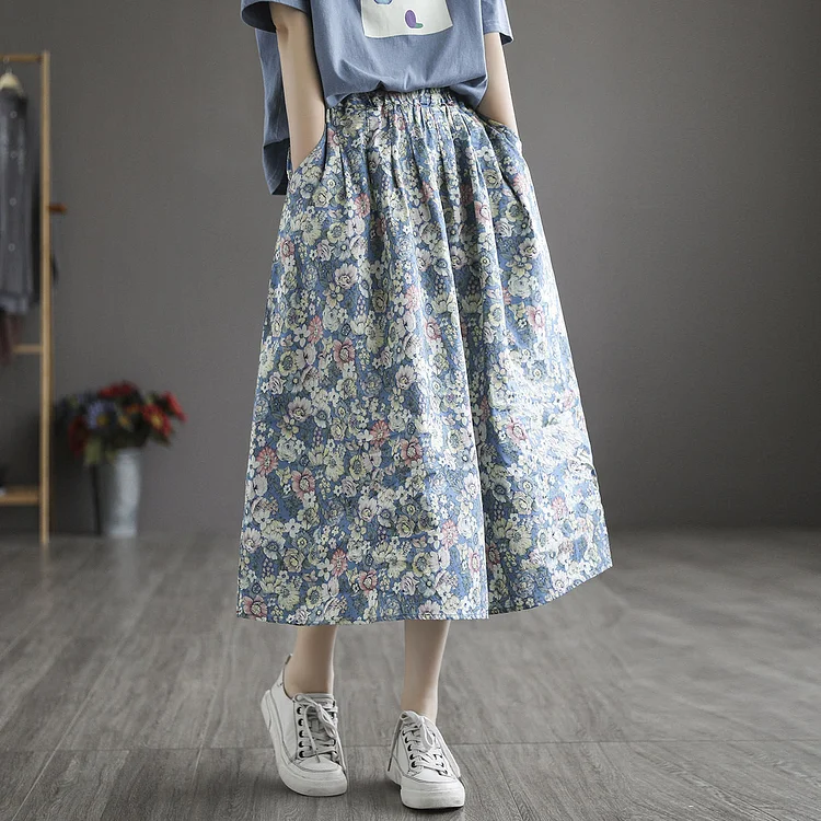Literary Pleated Elastic Waist Floral A-Line Skirt