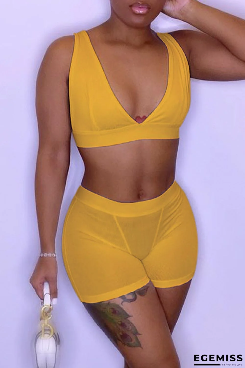 Yellow Sexy Casual Solid Basic V Neck Sleeveless Two Pieces | EGEMISS