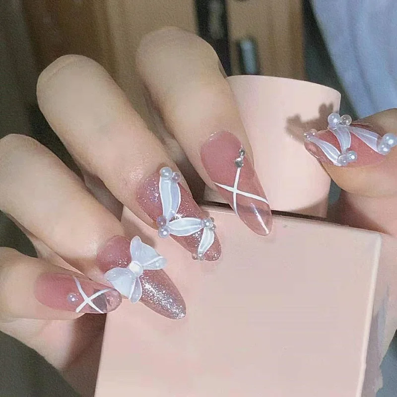 Fake nails with glue designed 24pcs French Ribbon Wear Long Paragraph Fashion Manicure Patch False Nails Wearable Nail Patch TY-Nail Inspo
