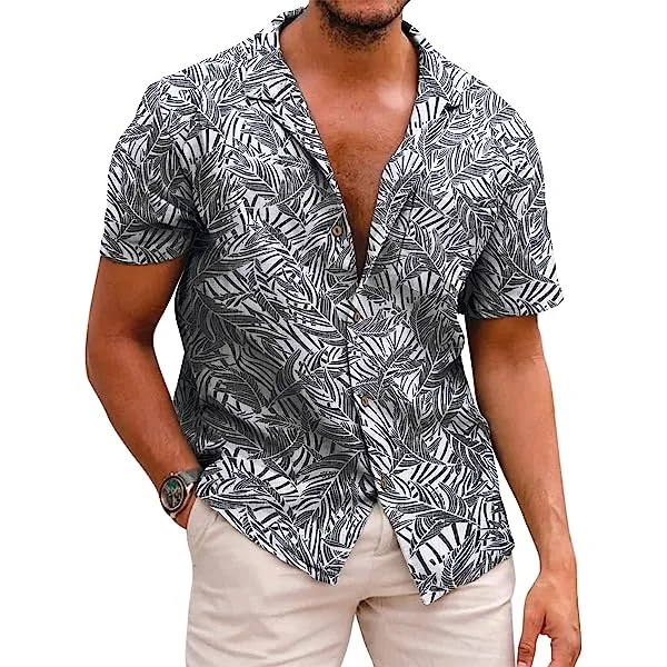 COOFANDY Men's Hawaiian Floral Shirts Cotton Linen Button Down Tropical Holiday Beach Shirts Medium Grey- Palm Leaf