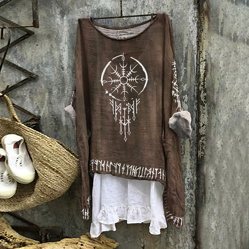 Tribal Viking Totem Tie-Dye Printed Linen Blouse wearshes