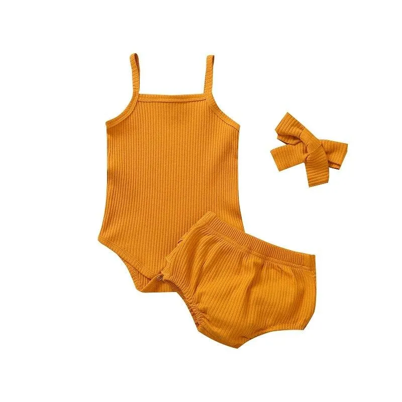 2021 Baby Summer Clothing Infant Newborn Girl 3 Pcs Ribbed Outfits Suits, Sleeveless Knit Romper Tank Top Ruffle Shorts Headband