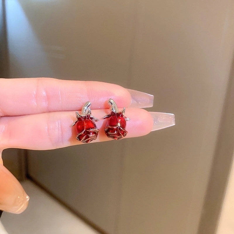 1 Pair Minimalist Flower Copper Enamel Rhinestones Drop Earrings Ear Studs