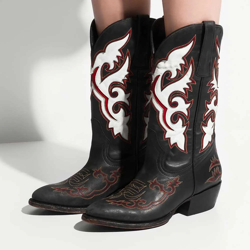  Patchwork Pattern Chunky Heel Round Toe Black Cowboy Boots for Women
