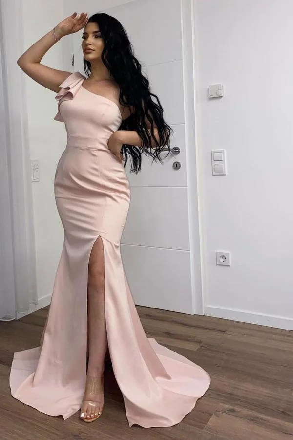 Classy One Shoulder Pink Mermaid Prom Dress With Split Long - lulusllly