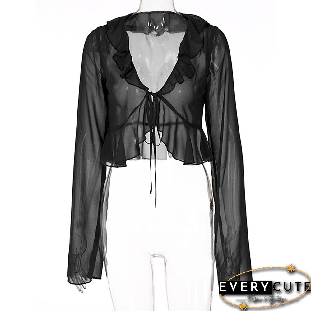 Black Ruffle V Neck Lace-up Long Sleeve Crop Tops