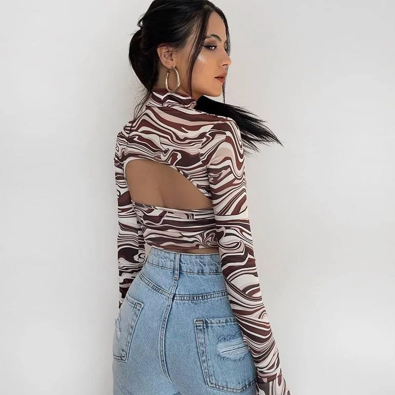wsevypo Abstract Stripe Print Crop Tops Spring Autumn Long Sleeve Turtleneck Pullovers Women Tees Streetwear Backless Top
