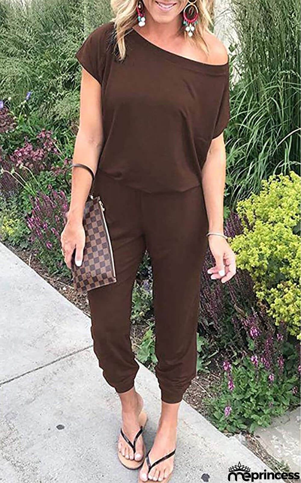 Women's Loose Fit Off Shoulder Jumpsuit Rompers with Pockets