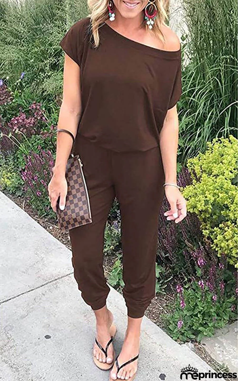 Women's Loose Fit Off Shoulder Jumpsuit Rompers with Pockets