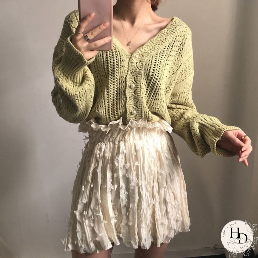 Women Spring Summer Sweater And Cardigans Low V-Neck Knit Tops Long Sleeve Hollow Out Sexy Cardigan Loose White Tops