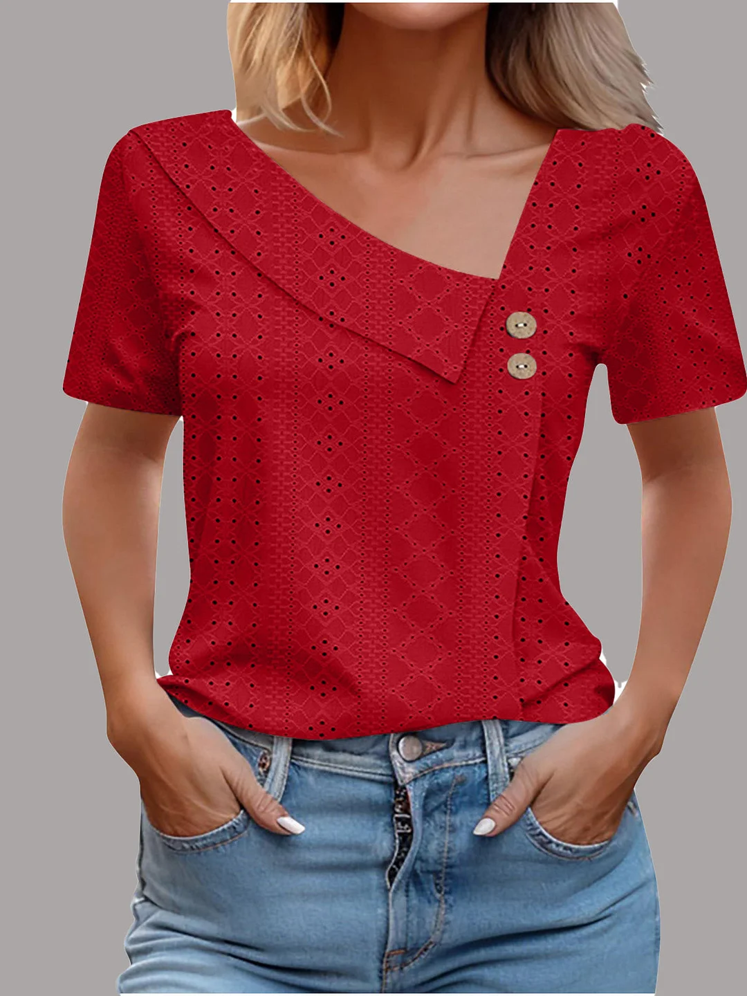 Women Short Sleeve V-neck Solid Color Buttons Tops