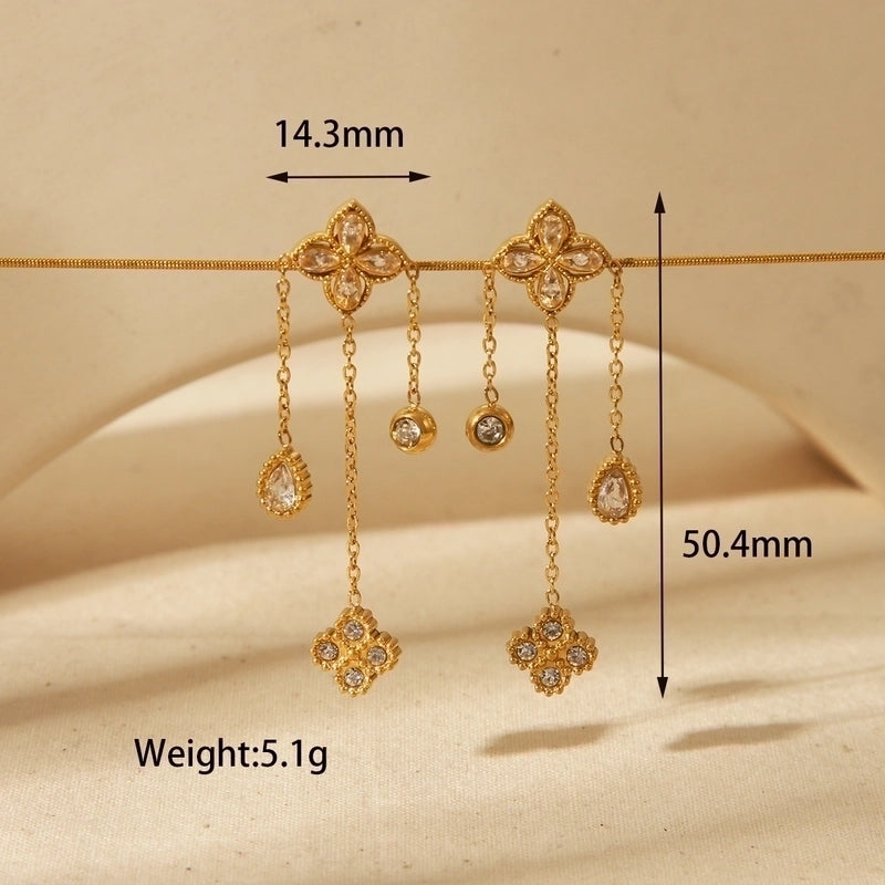 French Style Commute Four Leaf Clover Solid Color Flower 304 Stainless Steel Zircon 18K Gold Plated Inlay Bracelets Earrings Necklace