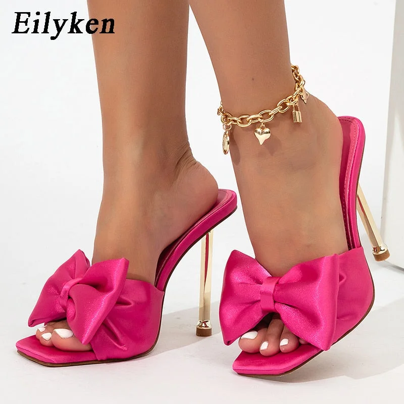 Eilyken 2022 New Arrival Silk Butterfly-knot high heels Women Slippers Sandals Square toe Mule Slippers Slides Party shoes