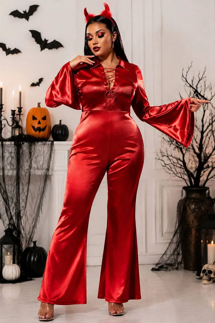 Xpluswear Design Plus Size Halloween Costume Red Satin Cosplay Trumpet Sleeve Jumpsuits (Without Headwear)（Ships 24h） 2024 - Xpluswear