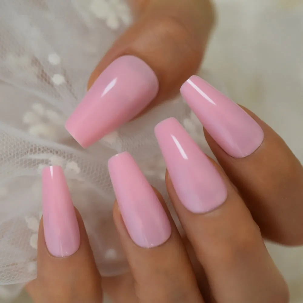 EchiQ Glossy Coffin Fake Nails Pink Long Size Thick Faux Ongles Ballerina Press On Nails Reuseable Square Manicure Tips 24-Nail Inspo