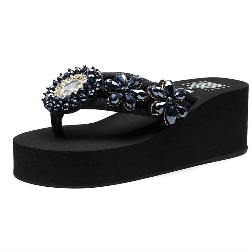 Women's Platform with Wedges Flip-flops Women's Summer Fashion Anti-skid Sponge Cake Beach Shoes Rhinestones High Heels Sandals