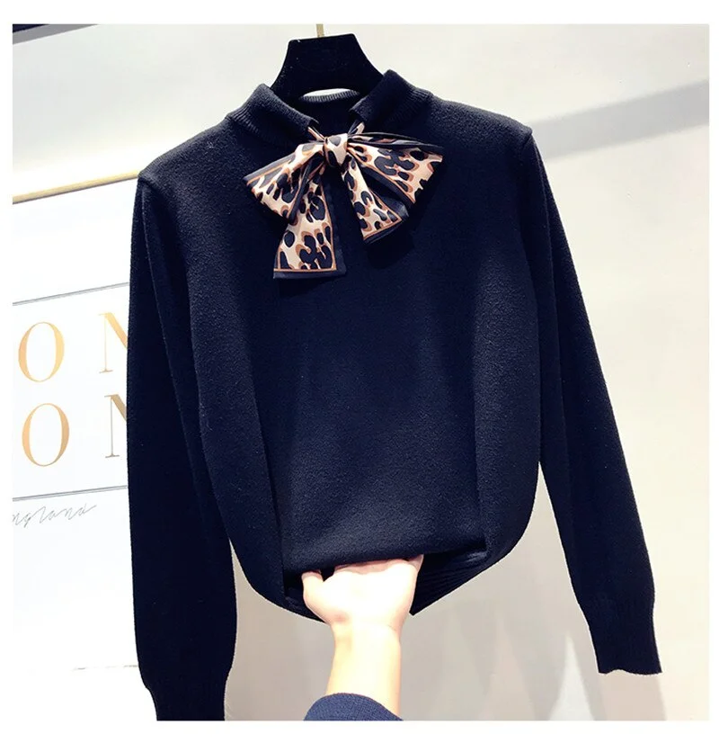 Autumn Winter Leopard Bow Sexy Thick Sweater Pullovers 2020 Women Long Sleeve Casual Warm Sweater Female Knit Jumpers Top L90