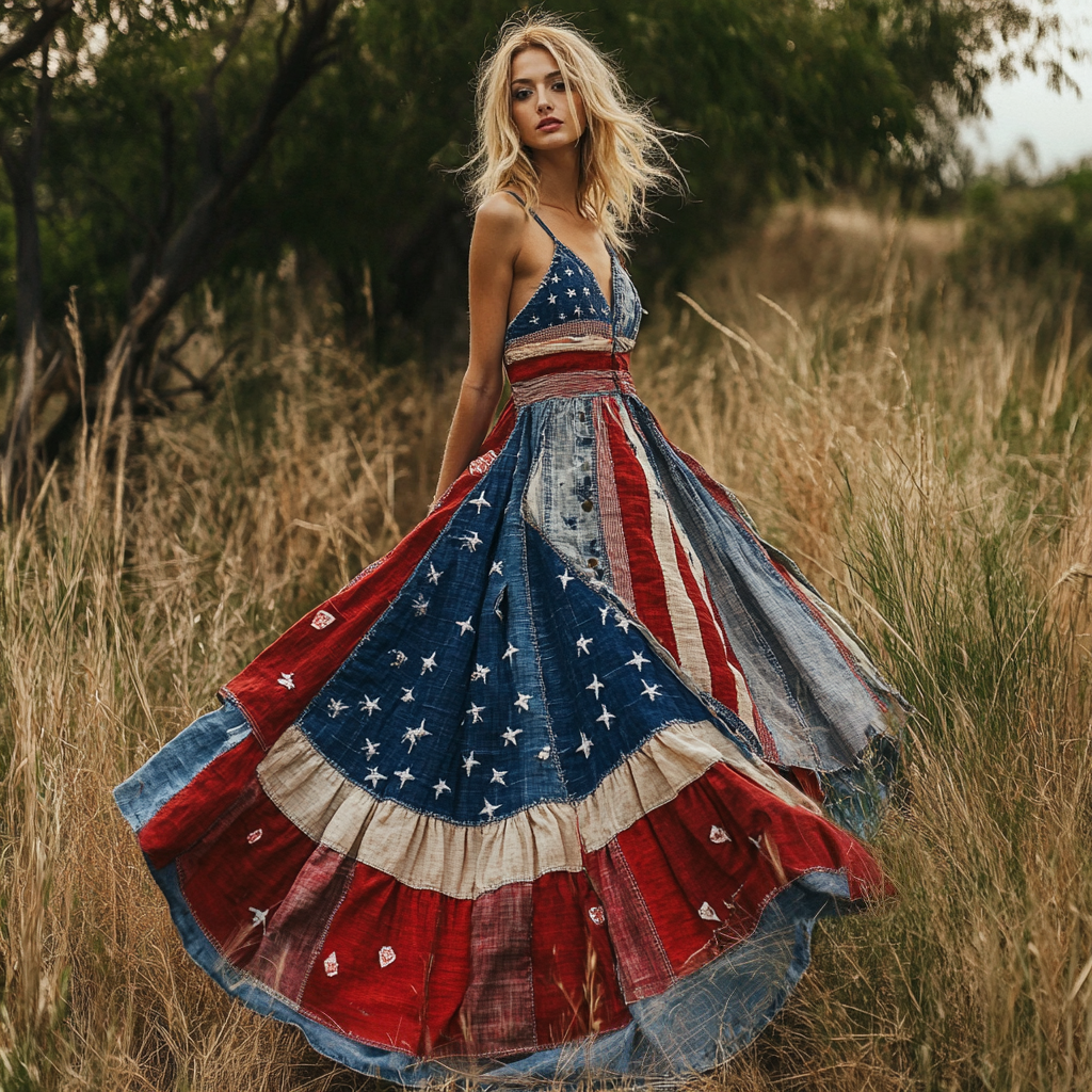 Comstylish Women's Vintage Flag Denim Patchwork Print Independence Day Dress