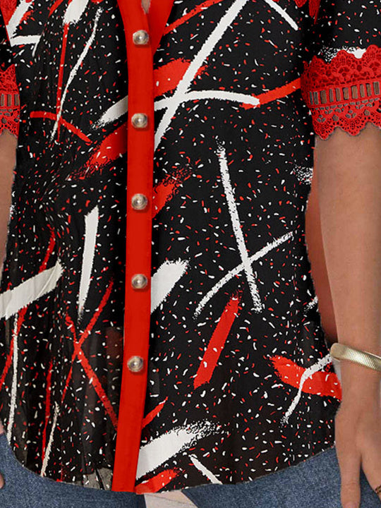 Women Short Sleeve V-neck Polka Dot Printed Graphic Lace Hollow Stitching Button Tops