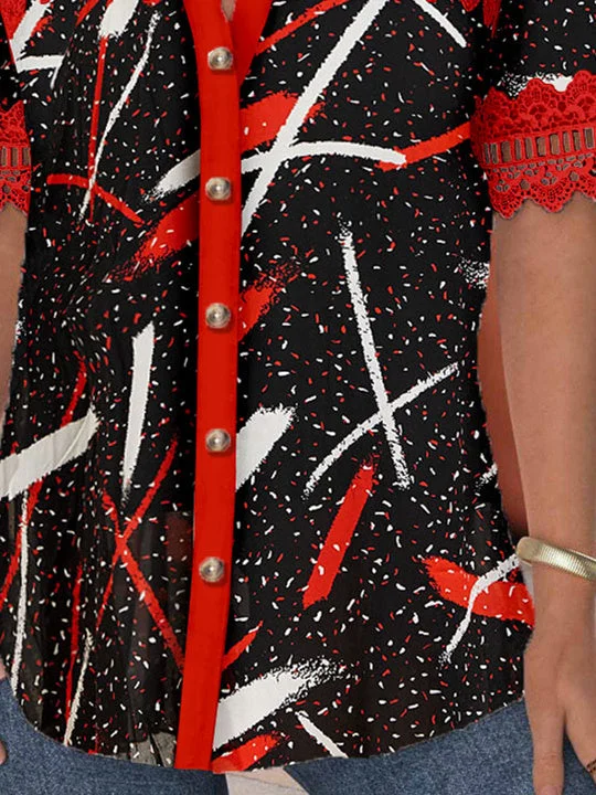 Women Short Sleeve V-neck Polka Dot Printed Graphic Lace Hollow Stitching Button Tops