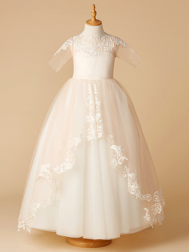 Oknass A-Line Half Sleeve Jewel Neck Flower Girl Dresses Tulle With Appliques