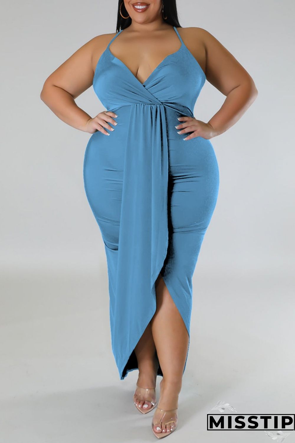 Purple Sexy Solid Patchwork Backless V Neck Sling Dress Plus Size Dresses
