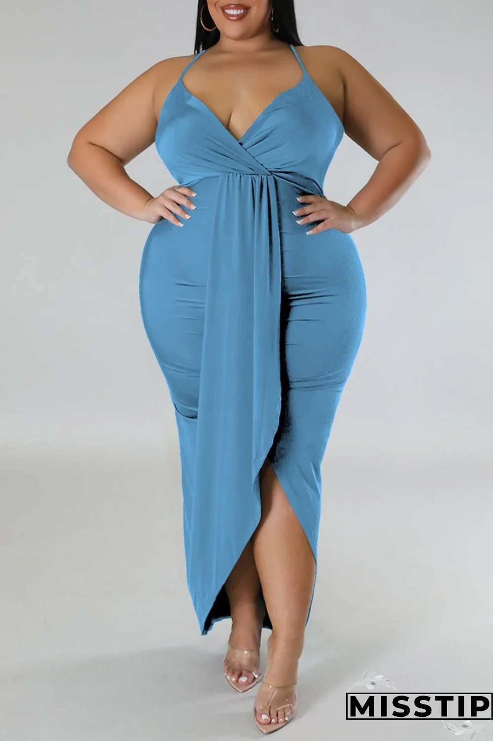 Purple Sexy Solid Patchwork Backless V Neck Sling Dress Plus Size Dresses