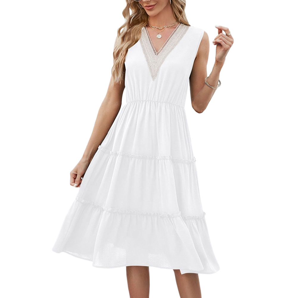 White Lace V Neck Tiered Sleeveless Casual Dress