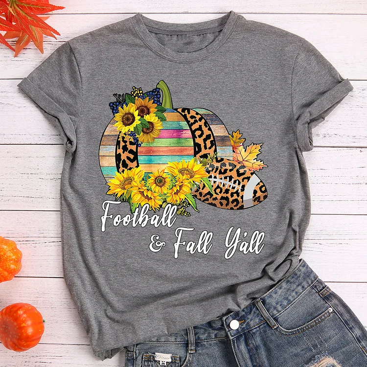 Women Football And Fall Y'all Leopard Pumpkin Sunflower  T-Shirt Tee-597388-Annaletters