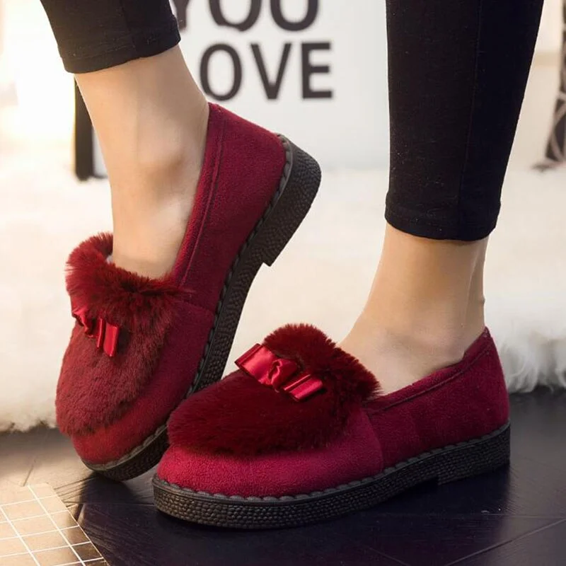 New 2020 Autumn Winter Women Ballet Flats Lovely Bow Warm Fur Comfort Cotton Shoes Woman Loafers Warm Fluffy Zapatos De Mujer