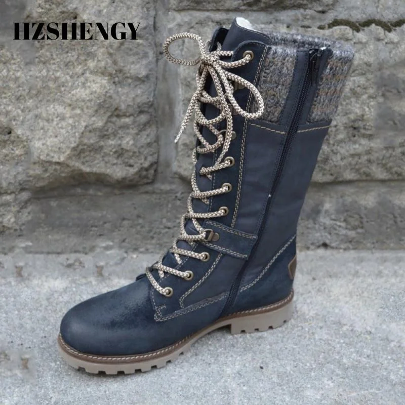 HZSHENGY Women Mid-Calf Boots Round Toe Low-Heeled Non-Slip Boots Knitted Patchwork Side Zipper Lace-Up Female Motorcycle Boots