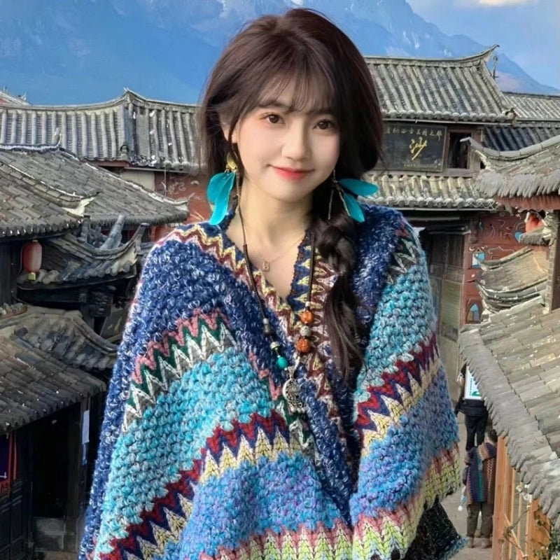 Yunnan Lijiang Travel Outside Knitted Shawl Ethnic Style Vintage Cape Cloak Tassel Scarf For Vacation Wear