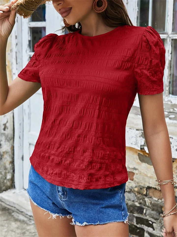 New Temperament Commuter Spring and Summer Ladies Shirt Jacquard Plaid Round Neck Casual Short-sleeved Blouse-Mixcun