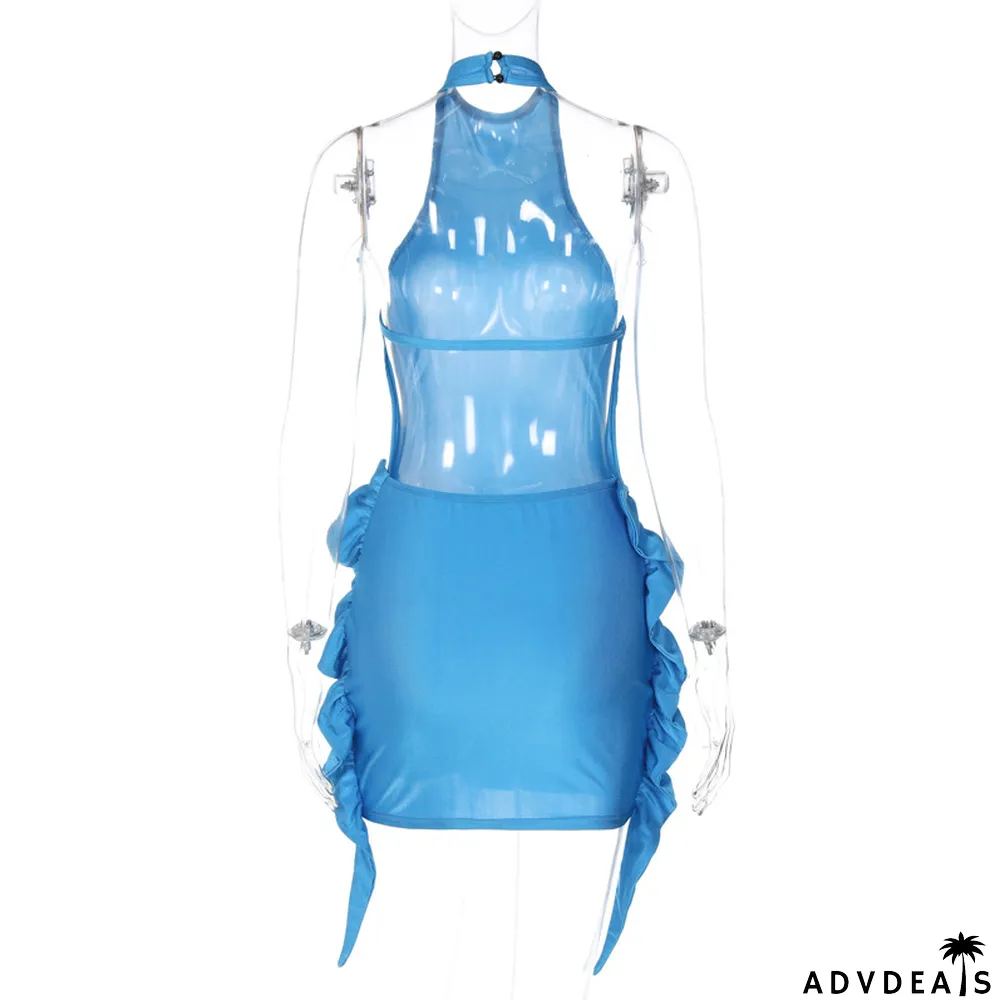 Women's Spring Summer Sleeveless Halter Neck Sexy Large Low Back Tight Fitting Bodycon Dress