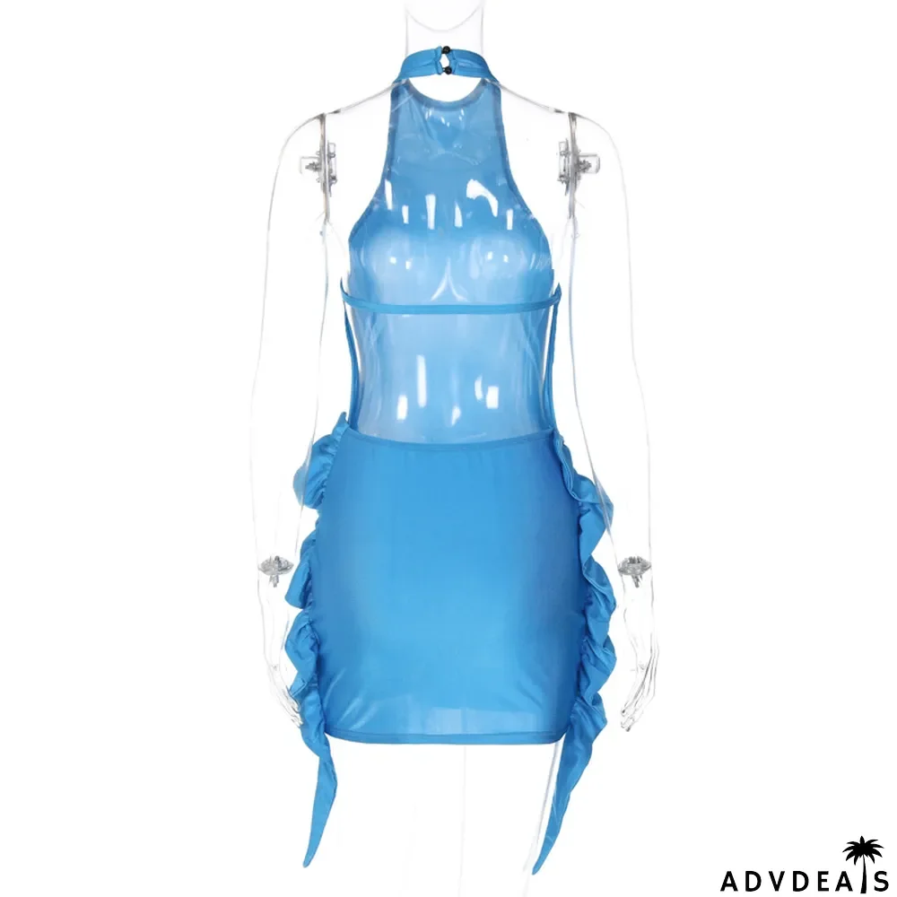 Women's Spring Summer Sleeveless Halter Neck Sexy Large Low Back Tight Fitting Bodycon Dress