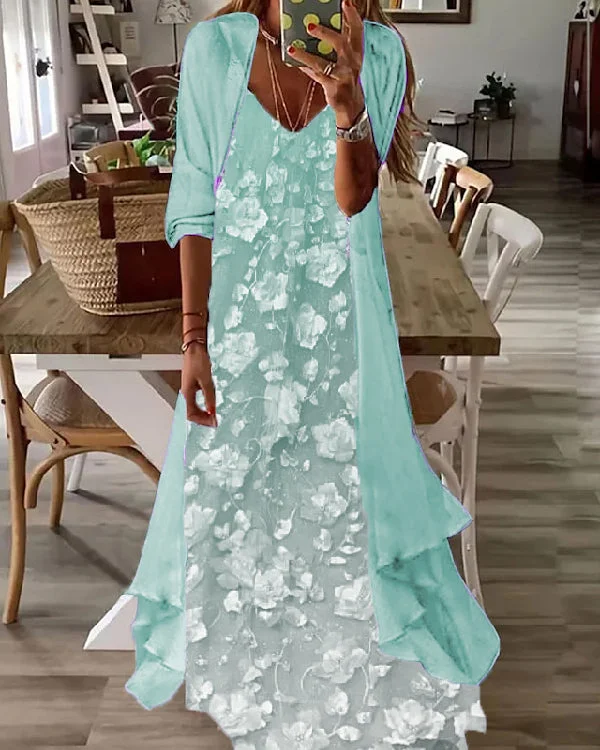 Fake Two Piece Casual V-neck Printed Maxi Dress S-5XL