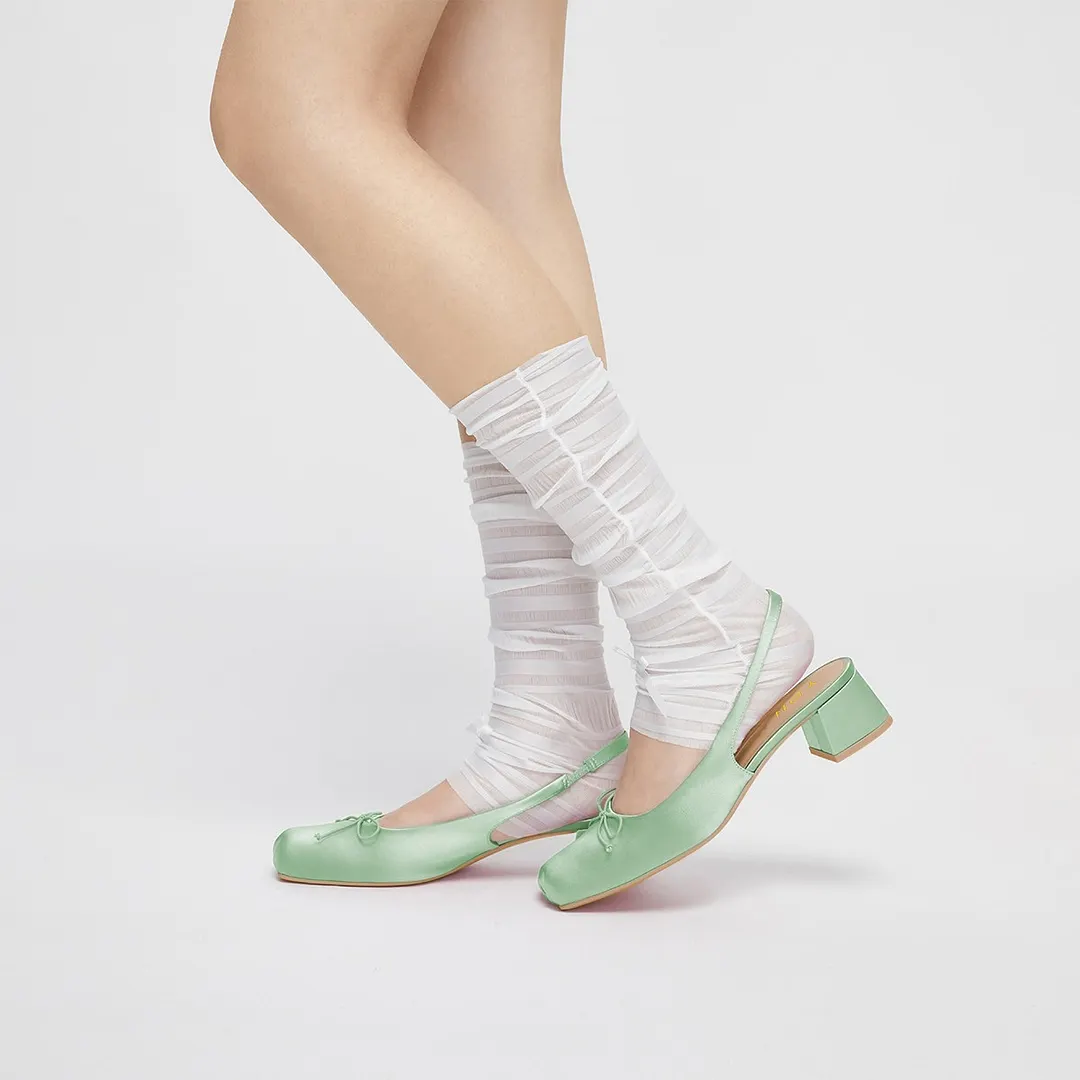 Green Casual Slip On Slingback Square Toe Block Heel Pumps with Bow