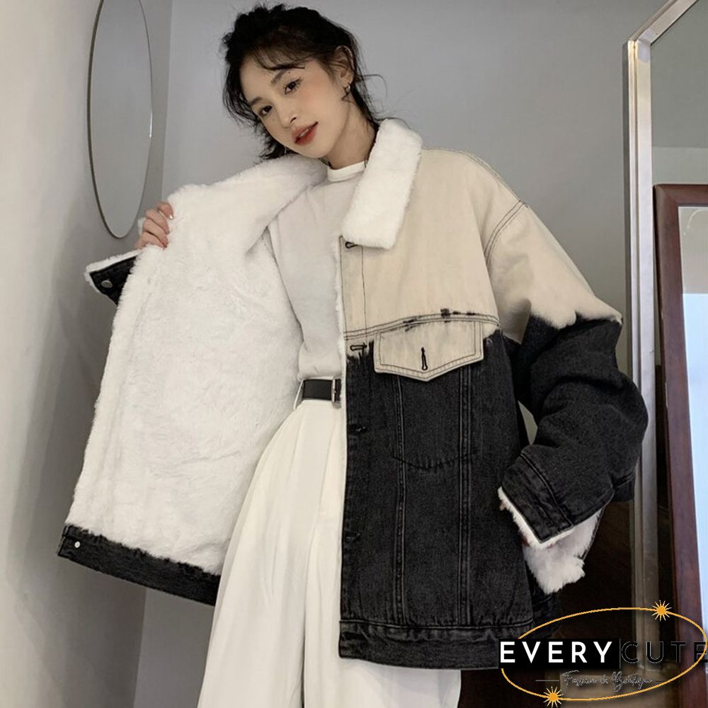 Gradient Thicken Denim Jacket Women Loose Casual Warm Jean Coats Korean Fashion Street Wear Fur Collar Lady Outwear New