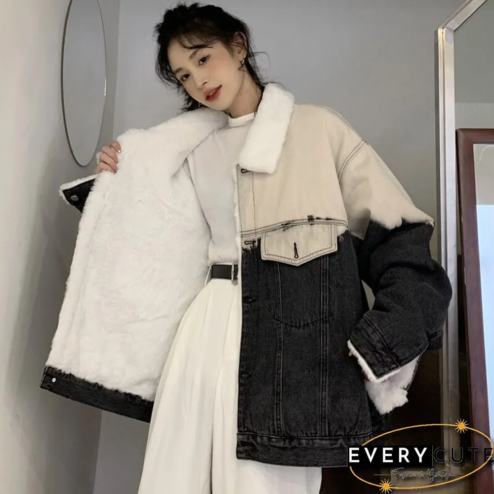 Gradient Thicken Denim Jacket Women Loose Casual Warm Jean Coats Korean Fashion Street Wear Fur Collar Lady Outwear New